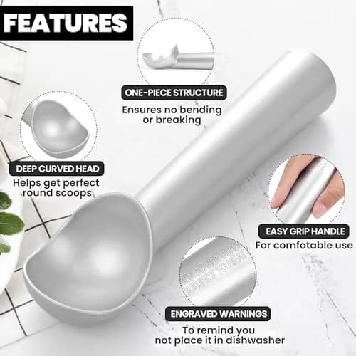 7-Inch One-Piece Nonstick Aluminum Ice Cream Scoop, Lightweight Durable Multi-Use Metal Ice Cream Spoon for Perfect Even Portions
