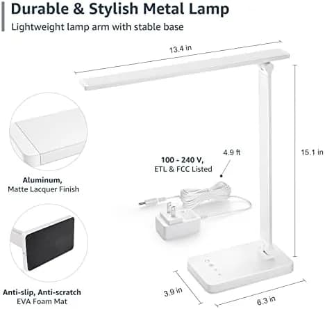 Dimmable Metal LED Desk Lamp with 5 Color Modes & 25 Brightness Settings for Home Office, Reading, Crafting and Hobby Use