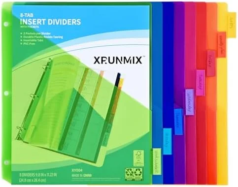 8-Tab Binder Dividers with Index Pockets for 3-Ring US Letter Binders, Fits 0.5-3 Inch Binder Sizes, 8 Assorted Colors (1 Pack)