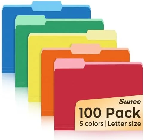 100-Pack Letter Size Manila File Folders Assorted Colors 1/3-Cut Tabs for Office Home School Document Organization