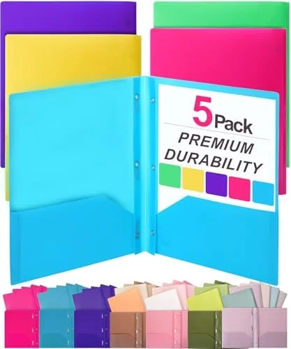 5-Pack Letter-Size Plastic Folders with Pockets and Prongs