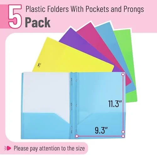 5-Pack Letter-Size Plastic Folders with Pockets and Prongs