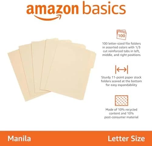 Sturdy Manila File Folders with Reinforced Tabs for Letter Size Documents - 100 Count