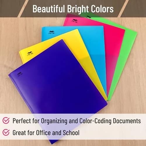 5-Pack Letter-Size Plastic Folders with Pockets and Prongs