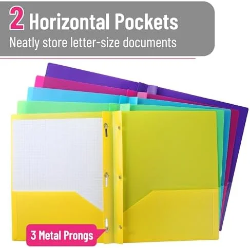 5-Pack Letter-Size Plastic Folders with Pockets and Prongs